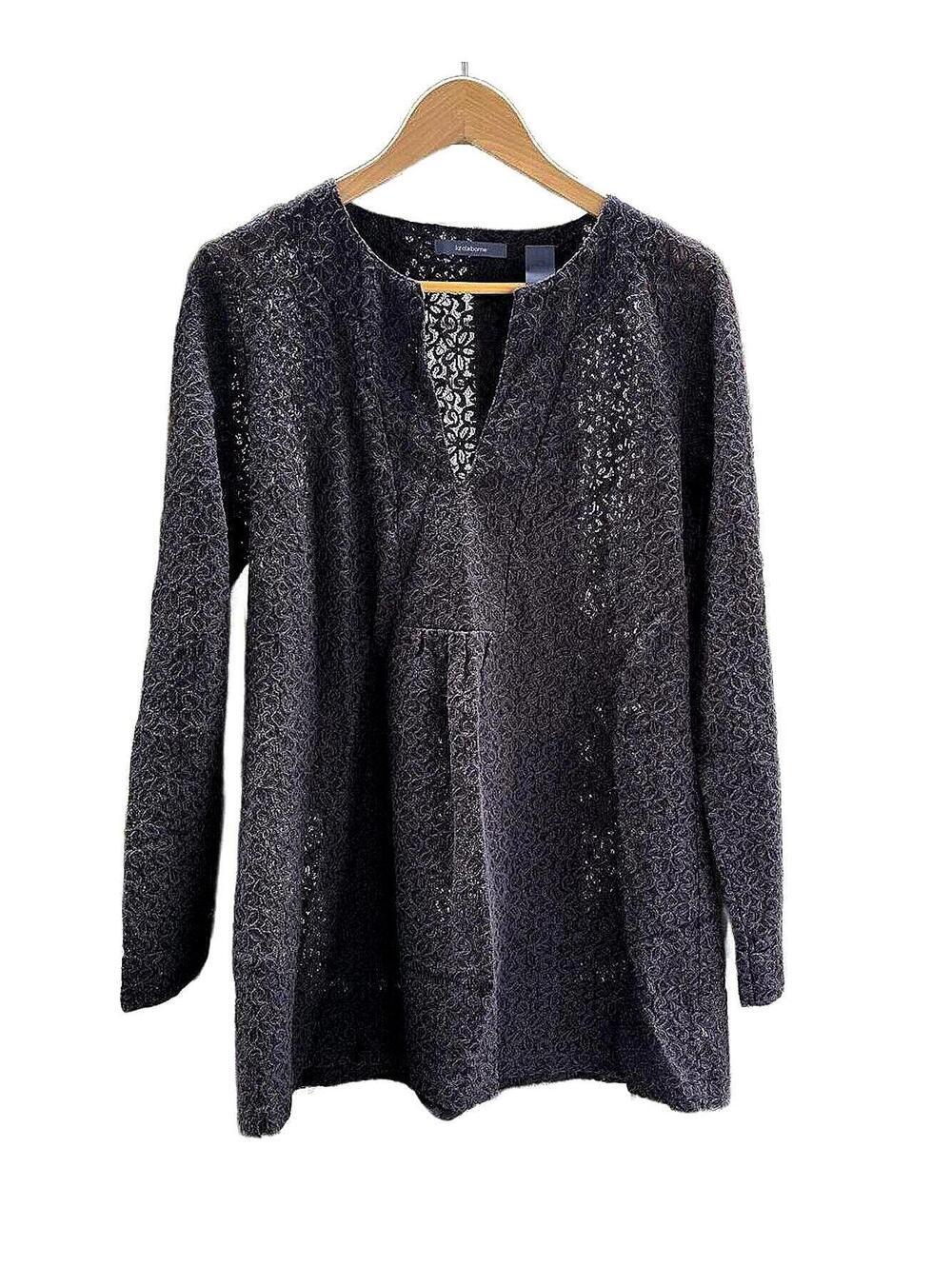 Liz Claiborne Black Lace Long Sleeve Tunic Blouse  V=Neck, Lg.